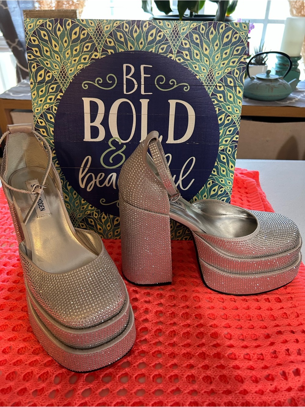 Steve Madden Silver Rhinestone Platform Block Heels with Slingback